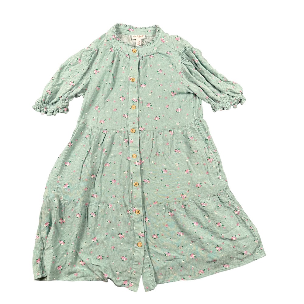 Cat & Jack Girl‎ Green Floral Tiered Button Front Dress Size M 8 Teal Sage Gauze